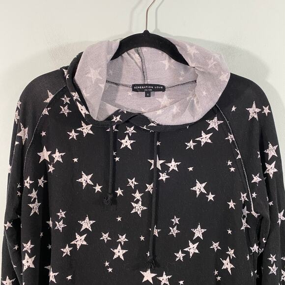 Generation Love Women Black Star Print Ruffles Pullover Hoodie Size S - Picture 2 of 8
